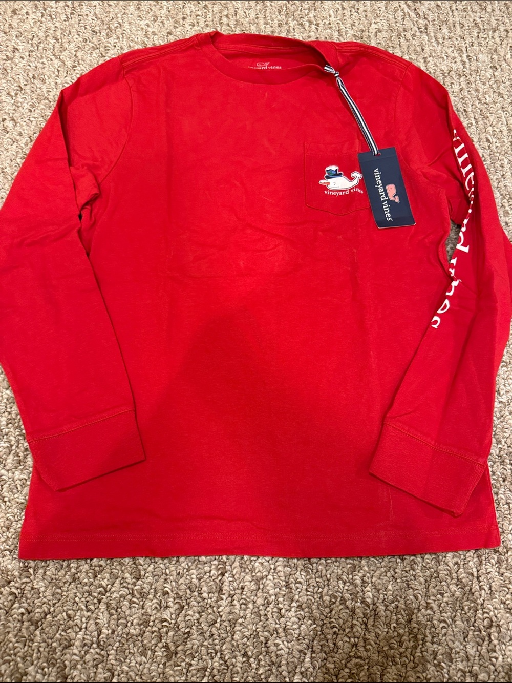 Vineyard Vines Kids Red Long-Sleeve Pocket Tee with Whale Logo